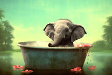 Elephant Sitting In Bathtub, Ai Generated