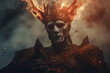 Portrait of the victorious conqueror watching over the battlefield, King in front of flames, burning crown, Generative AI