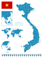 Wall Mural - Vietnam - detailed blue country map with cities, regions, location on world map and globe. Infographic icons.