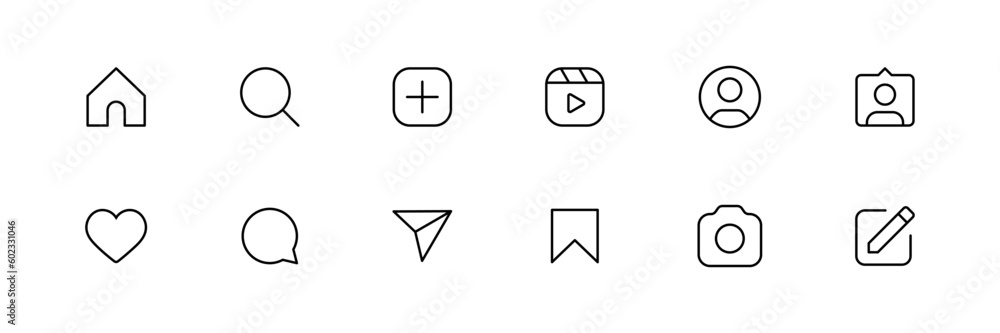 Instagram icons set. home, search, add, reels, profile, tag, camera, edit, icon - Social media instagram notification icons. like, comment, share, save, icon, button. vector app interface web icons