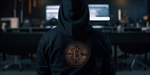 Bitcoin logo on the back of cybercriminal programmer hoodie sitting at a computer, concept of Digital currency adoption, created with Generative AI technology