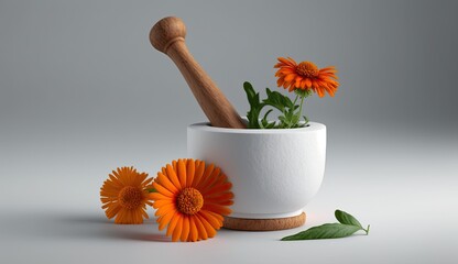 AI-generated illustration of medicinal herbs - calendula, powdered. MidJourney.