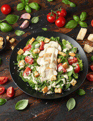 Wall Mural - A delicious chicken caesar salad with parmesan cheese, tomatoes, croutons and dressing