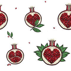 Sticker - Pomegranates seamless pattern with cute hand drawn pomegranate fruits, heart shaped seeds inside