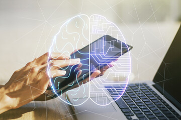 Wall Mural - creative artificial intelligence concept with human brain sketch and finger presses on a digital tab