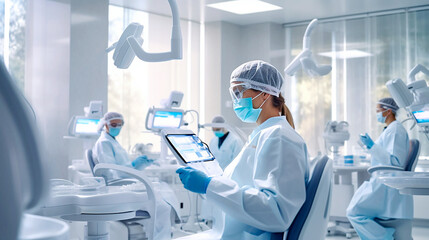 Modern dental practice. Dental treatments. AI generativ.