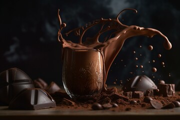 Brown backdrop with silky melted cocoa streaming and cocoa pattern,. Generative AI