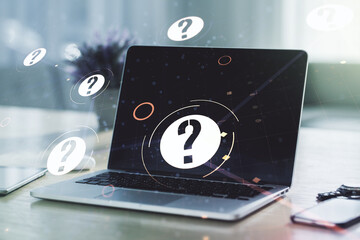 Creative abstract question mark hologram on modern computer background, future technology concept. Multi exposure