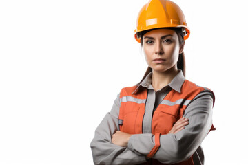 Woman architect in a protective helmet and overalls on a white background with copy space. Photorealistic illustration generative AI.