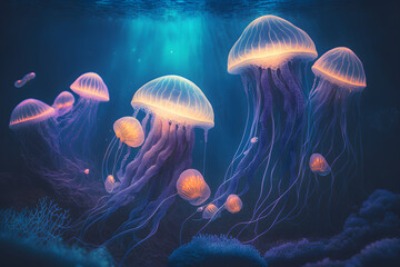 Wall Mural - Glowing sea jellyfishes on underwater environtment Background