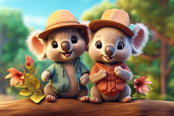 a cute adorable two koalas  with coats and caps, in nature rendered in the style of children-friendly cartoon animation fantasy style  created by AI