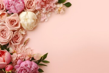 Romantic Vintage Spring Layout with Peonies, Copy Space and Trendy Design Elements for Valentine's Day, Wedding or Mother's Day Concept Generative AI