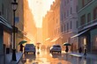 © Ornavi - Street in the city on a rainy day at sunset. Illustration in oil painting style. Generative AI.