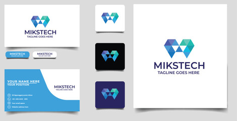 Wall Mural - Initial M Letter Technology Logo Design in polygon style with Business Card