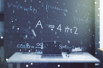 Creative scientific formula illustration and modern desktop with pc on background, science and research concept. Multiexposure