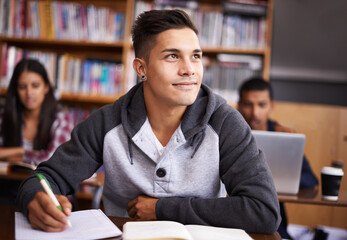 Aufkleber - Thinking, writing and college with man in library for education, research and classroom quiz. Focus, learning and notebook with male student on university campus for study, scholarship or idea