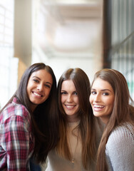 Canvas Print - University, friends and portrait of women smile on campus ready to study, friendship and learning together. Education, scholarship and happy female students excited for school, academy and college