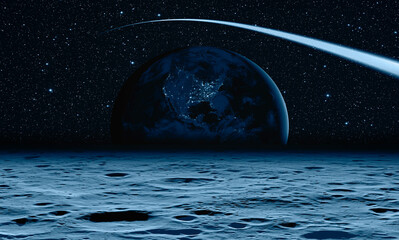 Poster - Long Exposure Night Time Rocket Launch - The Moon as Seen from the Surface of the Earth 