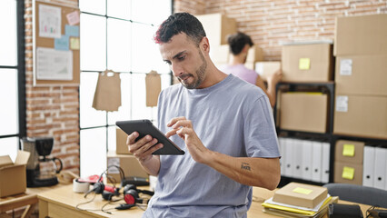 Poster - Two men ecommerce business workers using touchpad working at office