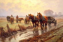 A Painting Of Two Horses Pulling A Wagon. Generative AI.