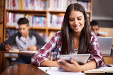 Aufkleber - University, tablet and woman in library happy for online research, studying and learning. Education, academy and female student on digital technology for knowledge, internet and website course