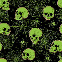 Canvas Print - Seamless pattern of human skulls and cobwebs