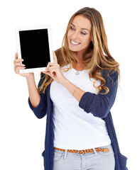 Poster - Tablet, scree mockup and woman isolated on a white background for website design, advertising and space. Happy person, model or online user with digital technology, application and mock up in studio