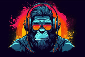 Gorilla with headphones listening to music. Black Cool Ape DJ. 
Isolated on black. Colorful 3D digital illustration