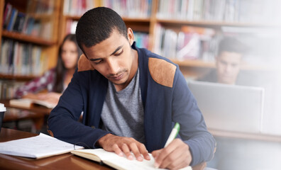 Aufkleber - Study, writing and school with man in library for education, research and classroom quiz. Focus, learning and notebook with male student on university campus for knowledge, scholarship and project
