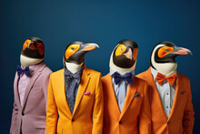 Penguin Boy Band With Colorful Suit Created With Generative AI Technology