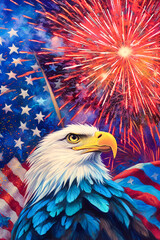 Wall Mural - Bald eagle, colorful painting, 4th of July, USA. Generative AI