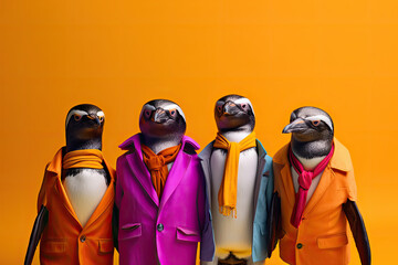 penguin boy band with colorful suit created with Generative AI technology