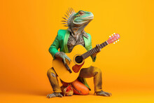 Cool Iguana Boy Band With Colorful Suit Holding Guitar Created With Generative AI Technology