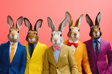 Cool rabbit boy band with colorful suit created with Generative AI technology