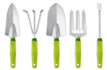 Wall Mural - Gardening tools set, garden kit, Shovel, Trowel, Fork with green handle. Equipment for soil planting work or sale vegetable garden products. Top view isolated on white background