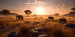 Herd of elephants in the valley with dry grass at sunset. Mountains at backdrop. Generative AI.