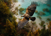 White-headed Eagle Soaring In The Air. Blue Lake And Green Forest At Backdrop. Generative AI.