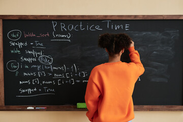 Back view of black teenage girl writing on blackboard in school classroom, copy space