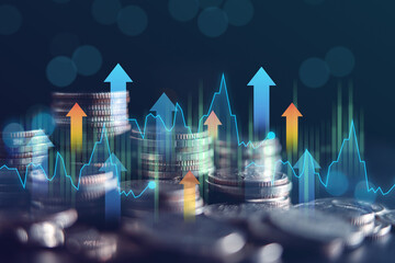 Business finance and investment concept, Capital gain world money economic growth. coin stack financial graph chart, market report on cash currency concept.