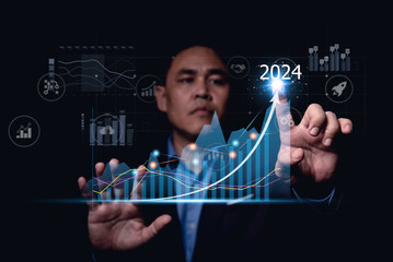 Poster - business man using digital tablet making,analyist investment data digital marketing KPI sale report, financial management technology ,business target plan