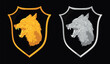 Heraldic shield with wolfes. Golden & silver wolf hunting and growling. Isolated vector. Concept art. Logo.