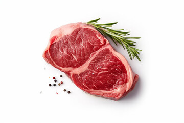 Ribeye steak top view. Raw meat with spices isolated on white background, generative ai