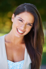 Poster - Happy, smile and portrait of a woman with dental care in a park in summer for beauty, oral hygiene and confident in nature. Face, garden and young female person outdoor with clean mouth or dentistry