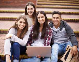 Aufkleber - University, laptop and portrait of students on campus for studying, learning and research for group project. Friends, education and man and women students on computer for school, academy and college