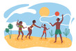 African American family playing beach volleyball. Mother and father play ball with children. Summer family active vacation.
