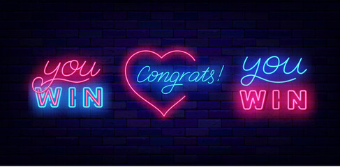 You win neon labels set. Congrats sign with heart frame. Handwritten text. Winnig and casino. Vector stock illustration