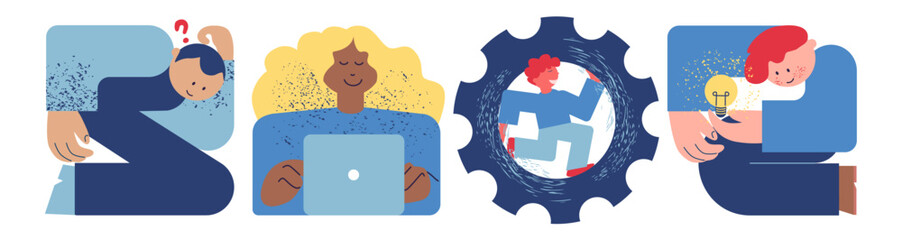 Teamwork Concept. Collection of scenes with men and women taking part in business activities. Trendy vector sketch illustration