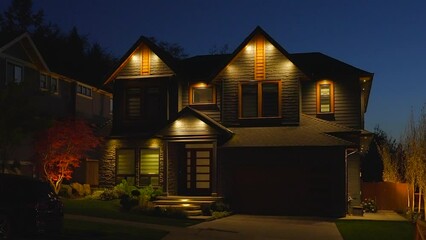 Wall Mural - Establishing shot of two story stucco luxury house with garage door, big tree and nice landscape at night in Vancouver, Canada, North America. Night time on Apr 2023. ProRes 422 HQ.