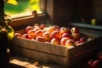 Wall Mural - Agriculture and harvesting concept with fresh apple fruits in wooden boxes, farm garden with apple trees. Ai generated