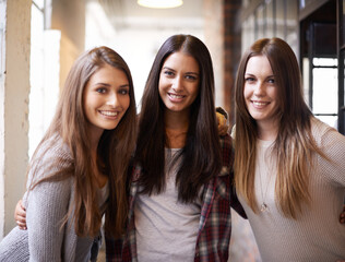 Aufkleber - University, education and portrait of women with smile ready for studying, class and learning together. Friendship, scholarship and happy female students in school, academy and college hallway